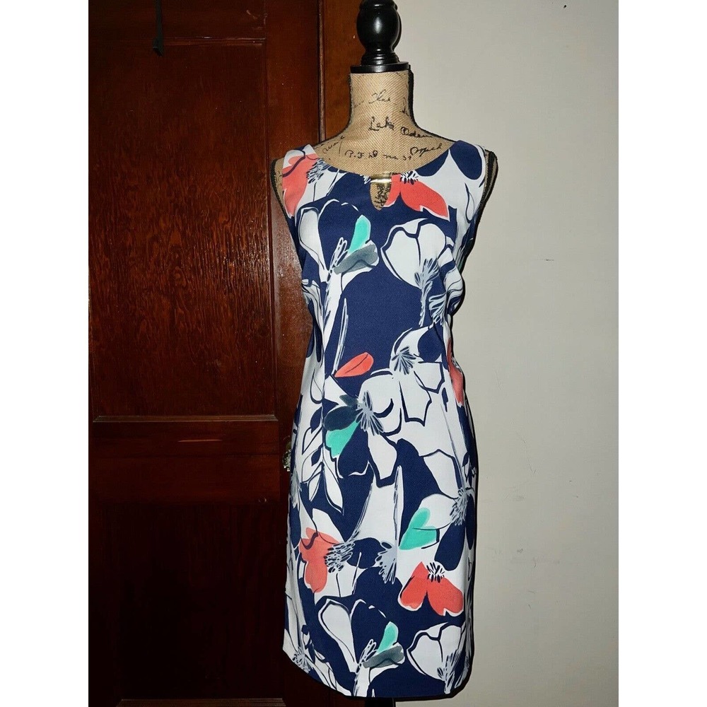 RONNI NICOLE NAVY WHITE CORAL FLORAL SLEEVELESS SHEATH DRESS SIZE 12
